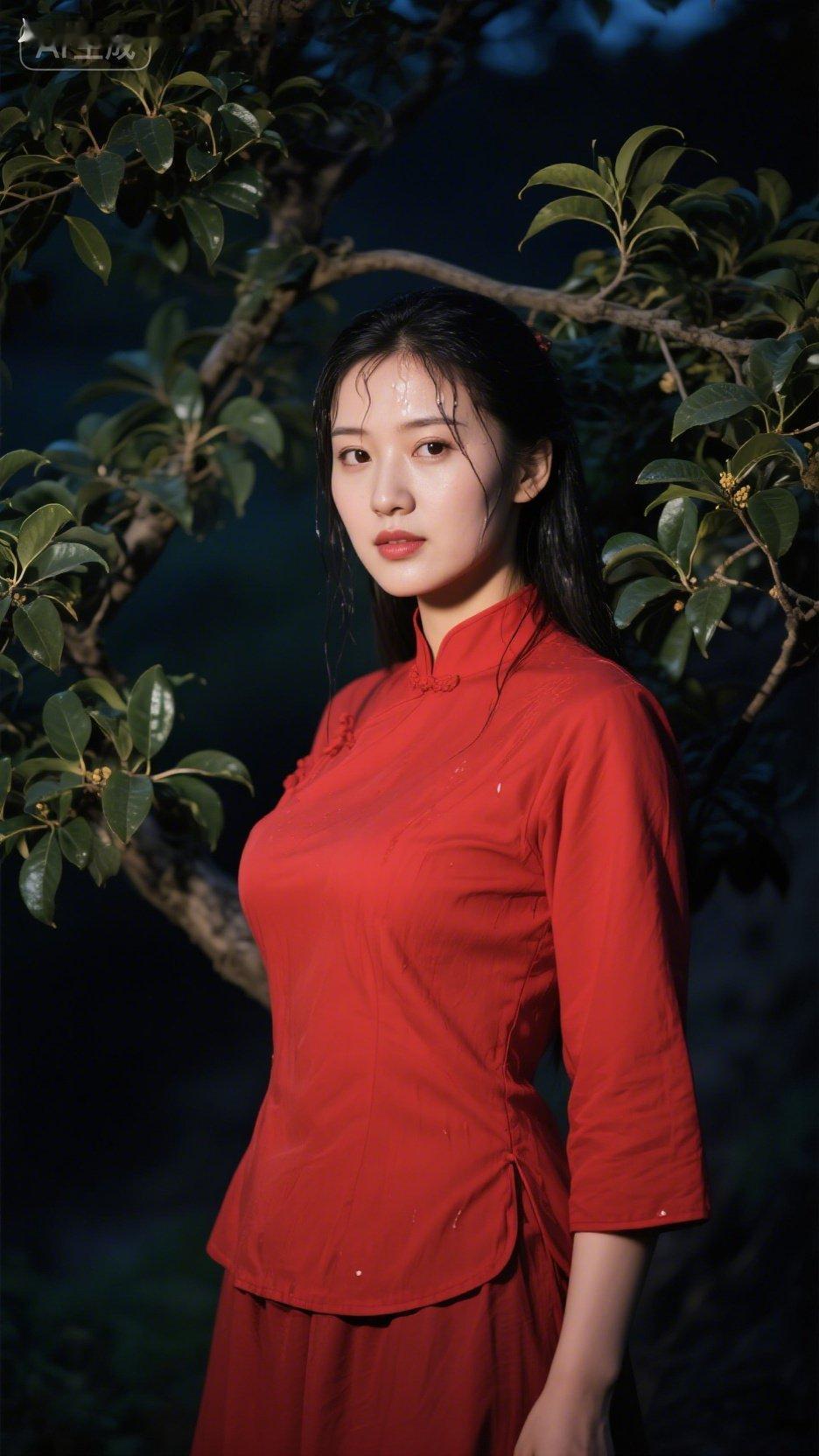 夜色中的红衣少女，静谧而优雅。