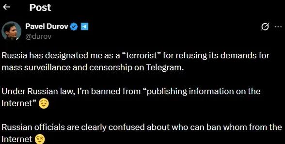 电报（Telegram）的创始人帕维尔·杜罗夫说，俄罗斯把他列为“恐怖分子”，理