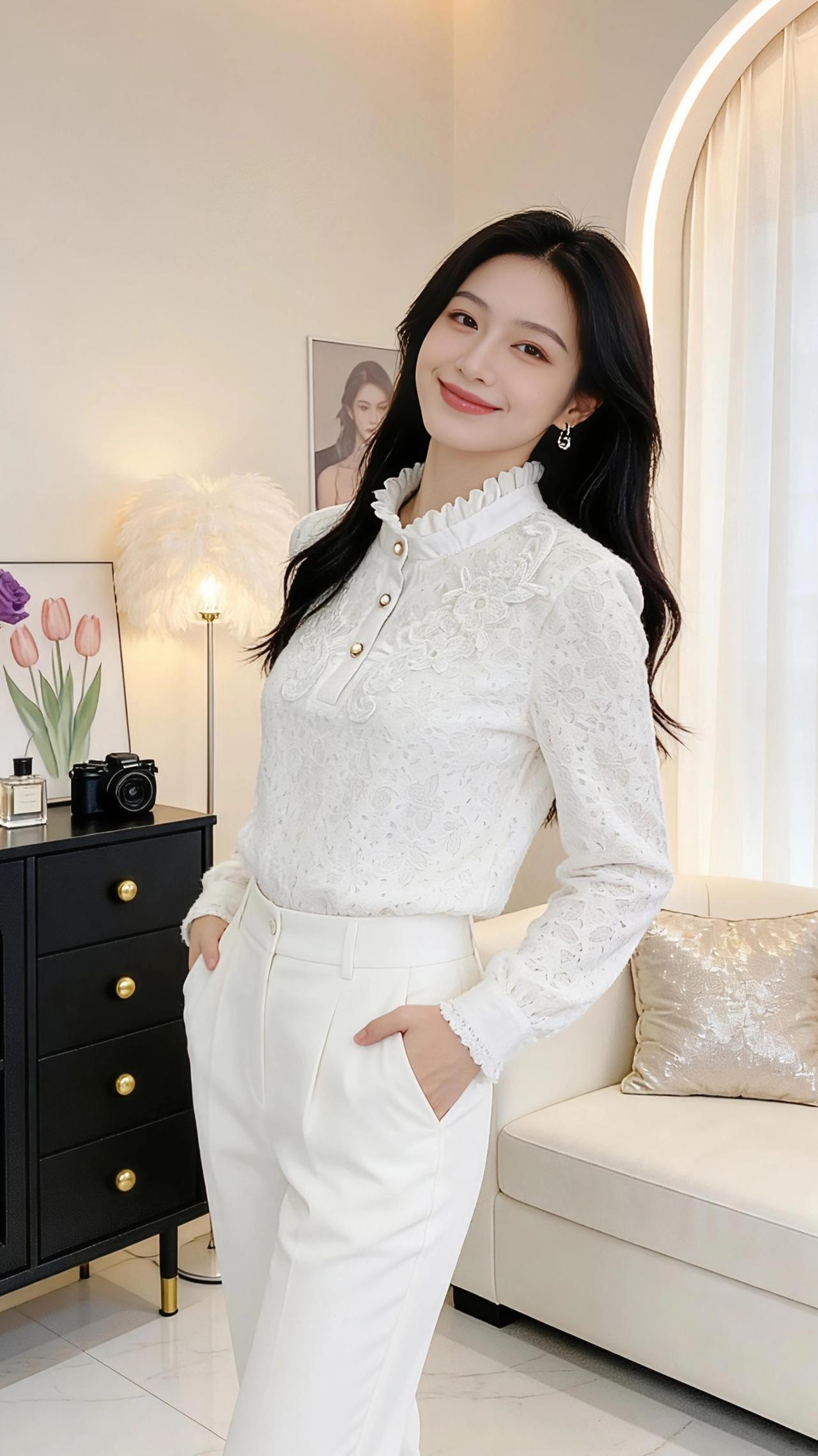 白 Lace 暖居
 
暖调的室内光揉碎在米色的墙面，弧形灯带勾出温柔的轮廓，像