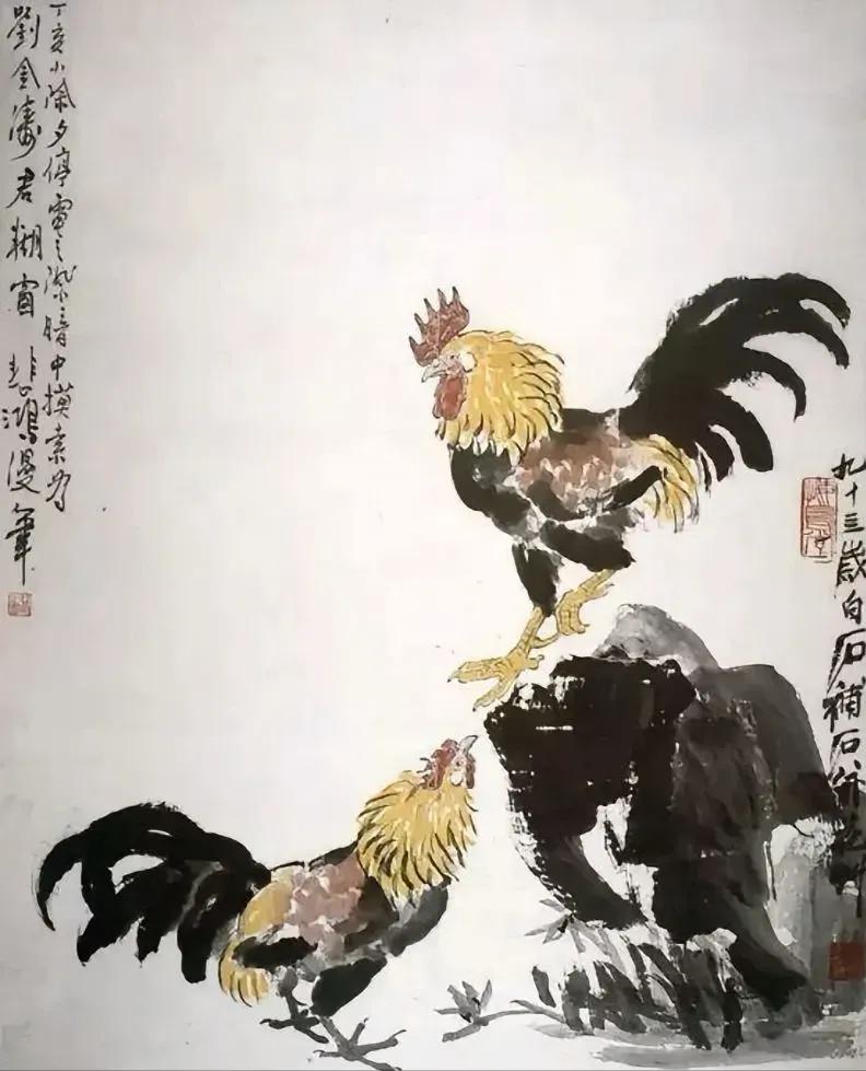 1947年除夕，徐悲鸿为挚友刘金涛作画，刚画完两只公鸡，突然停电了。一时没法完成