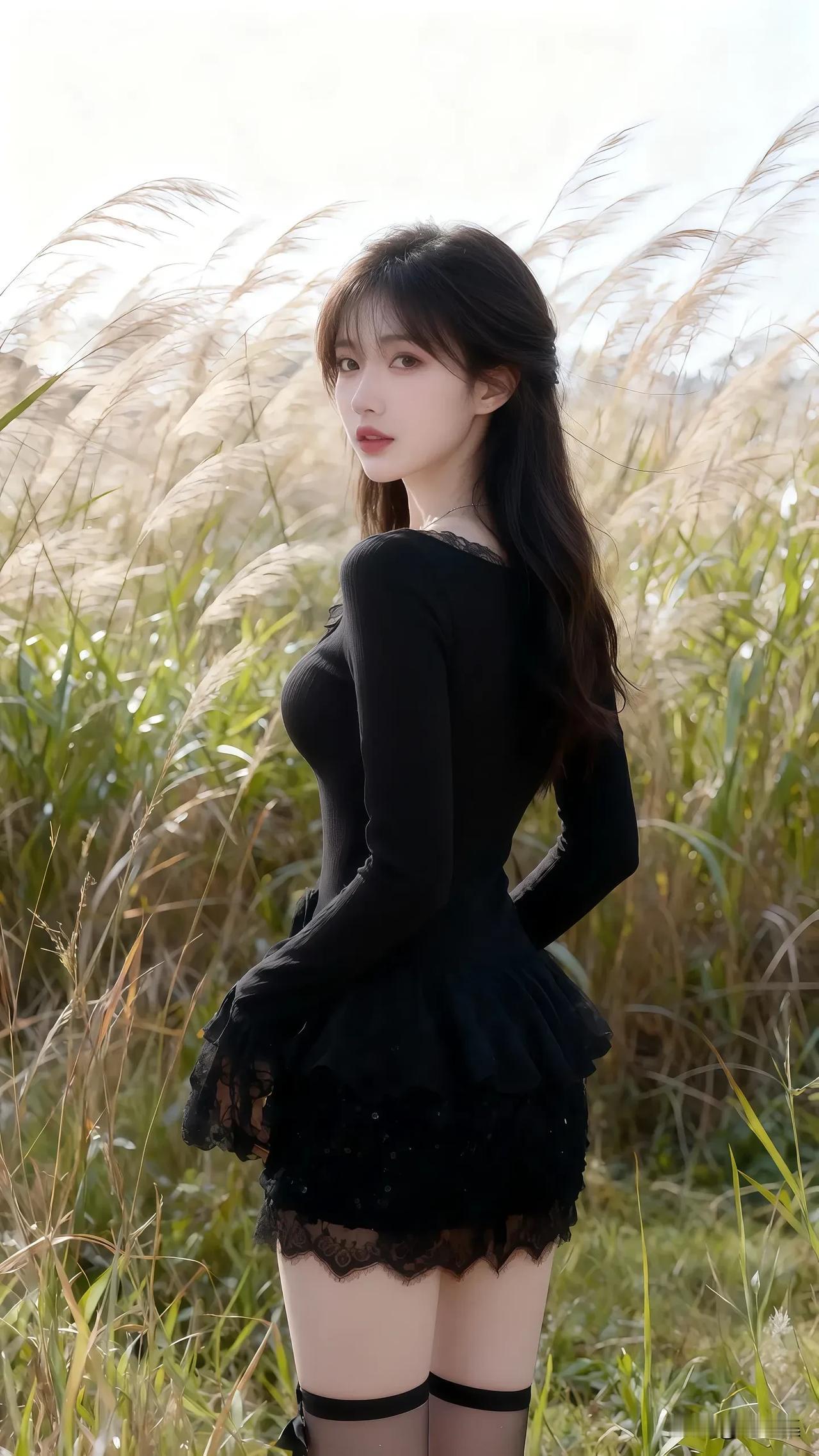 黑裙少女在金色的草海中，优雅而神秘。
