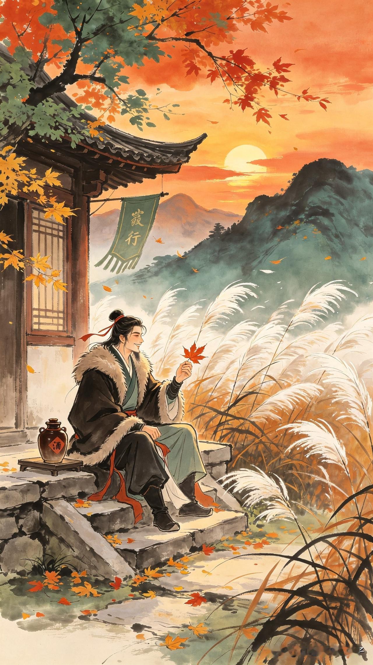 西风漫卷荻花秋，
客舍青旗影自幽。
欲典貂裘换新酿，
    
…………请师友续