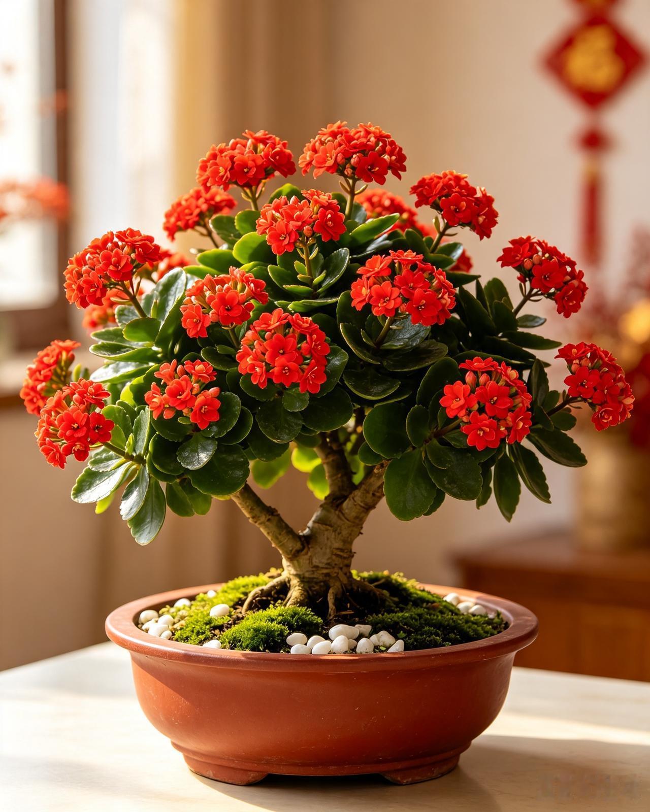 长寿花盆景
紫砂蓄土育芳根，古干虬枝韵致深。
翠叶团团凝绿意，丹花簇簇绽彤云。