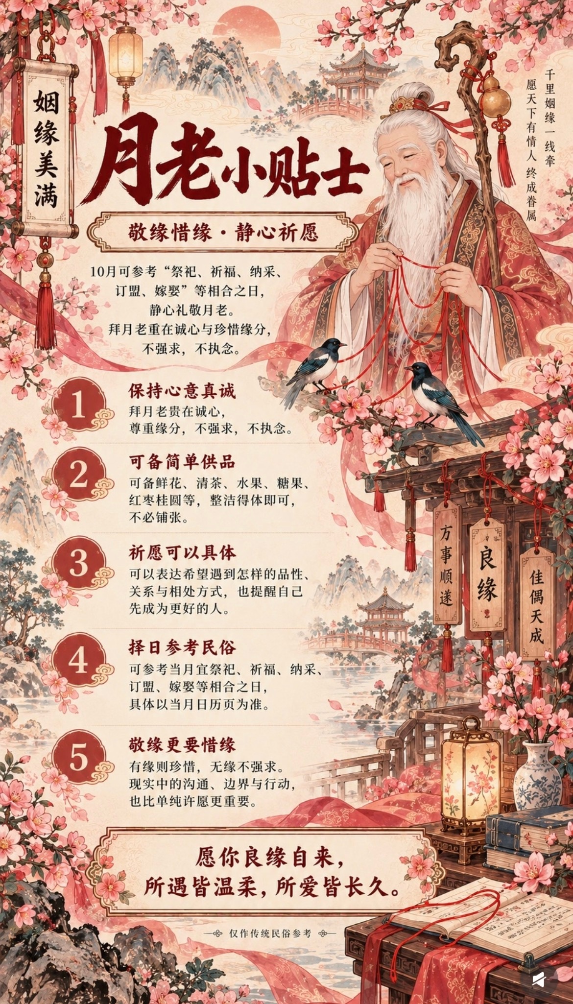 本月拜月老吉日，拜月老不一定是求感情，做服务行业的可以求跟好的客户结事业缘，老师