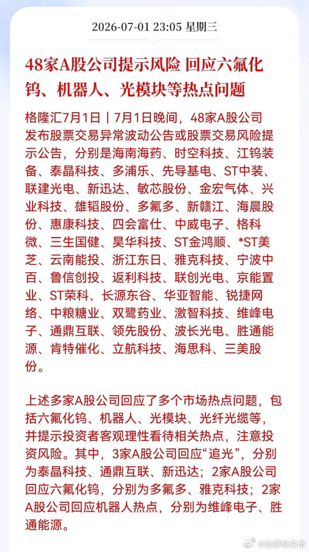 利空消息！48家A股公司提示风险， 回应六氟化钨、机器人、光模块等热点问题7月1