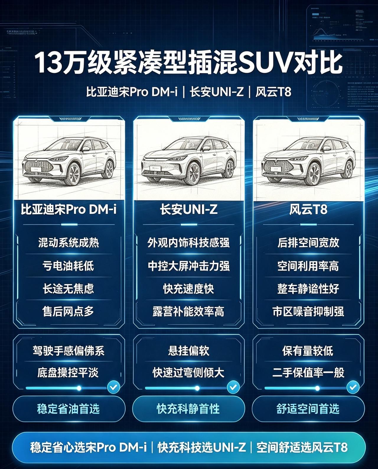 13万价位可油可电家用SUV，这三款是实打实的直接对手，主打无充电条件家用刚需。