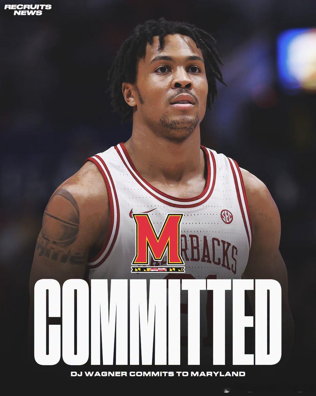 阿肯色大学后卫DJ·瓦格纳(DJ Wagner)转学加盟马里兰大学这位身高6尺4