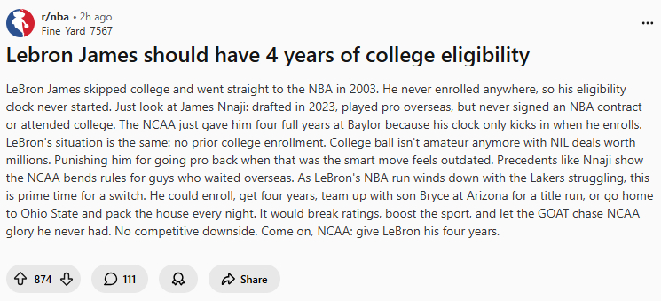 比国内更离谱。reddit上的帖子：标题：勒布朗-詹姆斯理应拥有 4 年的大学参