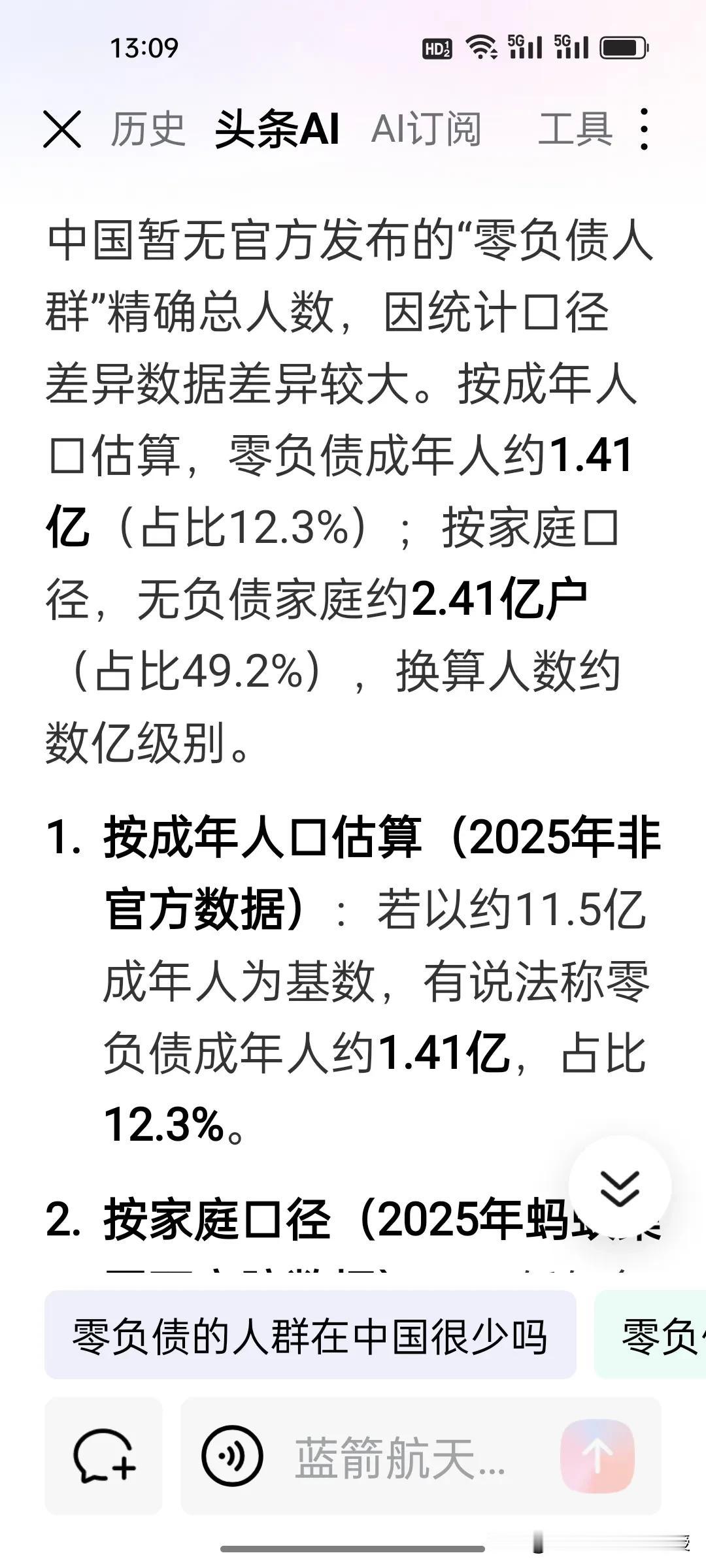 中国有多少人没有负债?刚刚看到最近有个新词叫“零负债人群”，问了一下头条AI，按