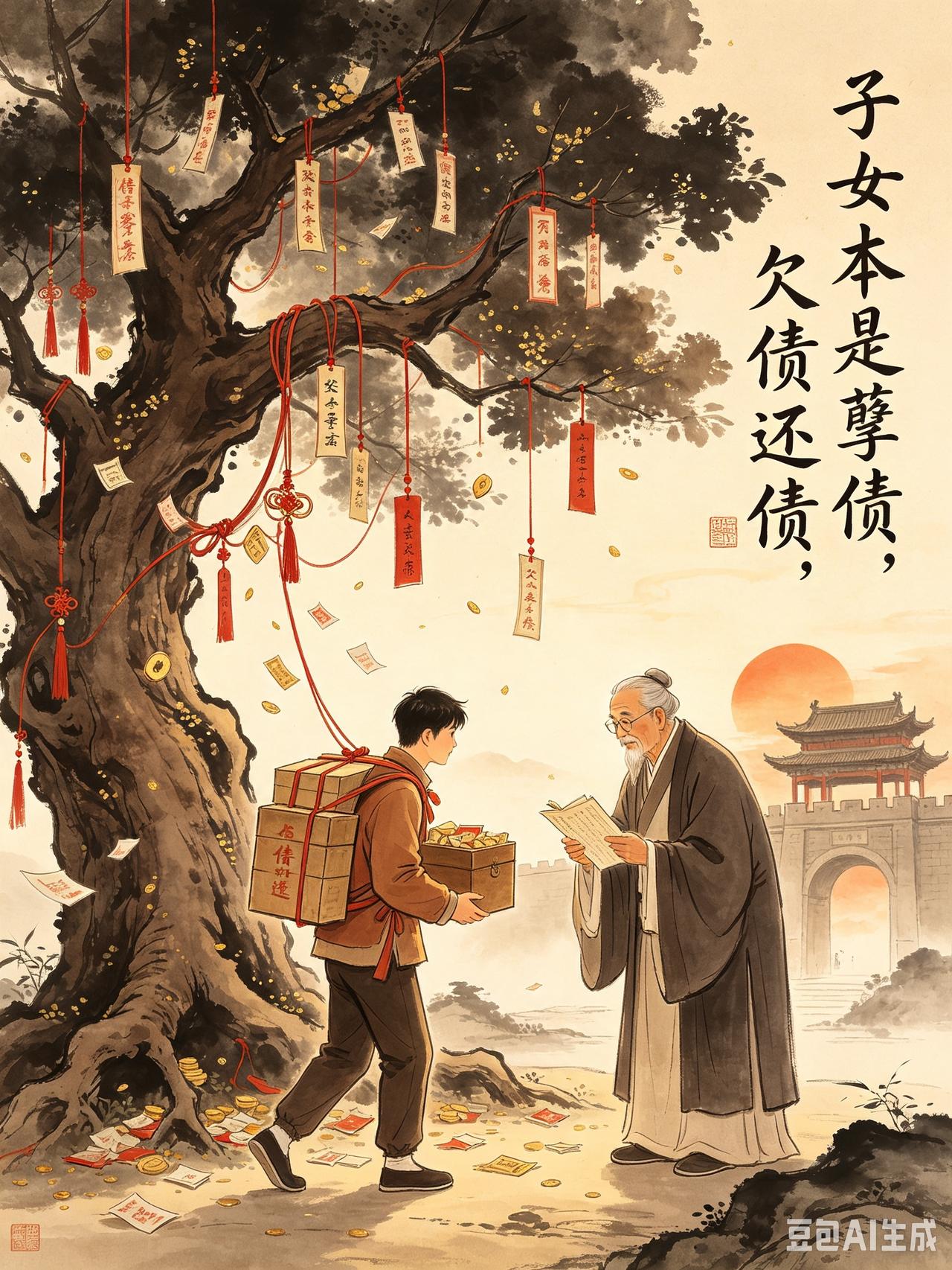 夫妻本是前缘，缘聚缘散，无缘不合；
儿女原是孽债，欠债还债，债清两散。
看看人世