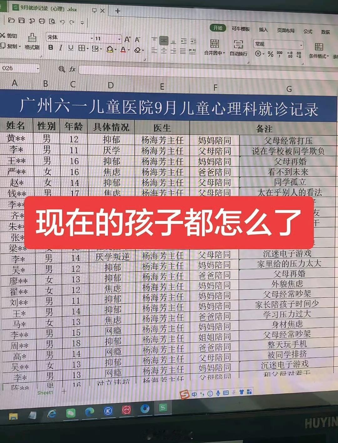 网传这张广州六一儿童医院9月心理科就诊记录表，表格里的孩子大多集中在11到18岁