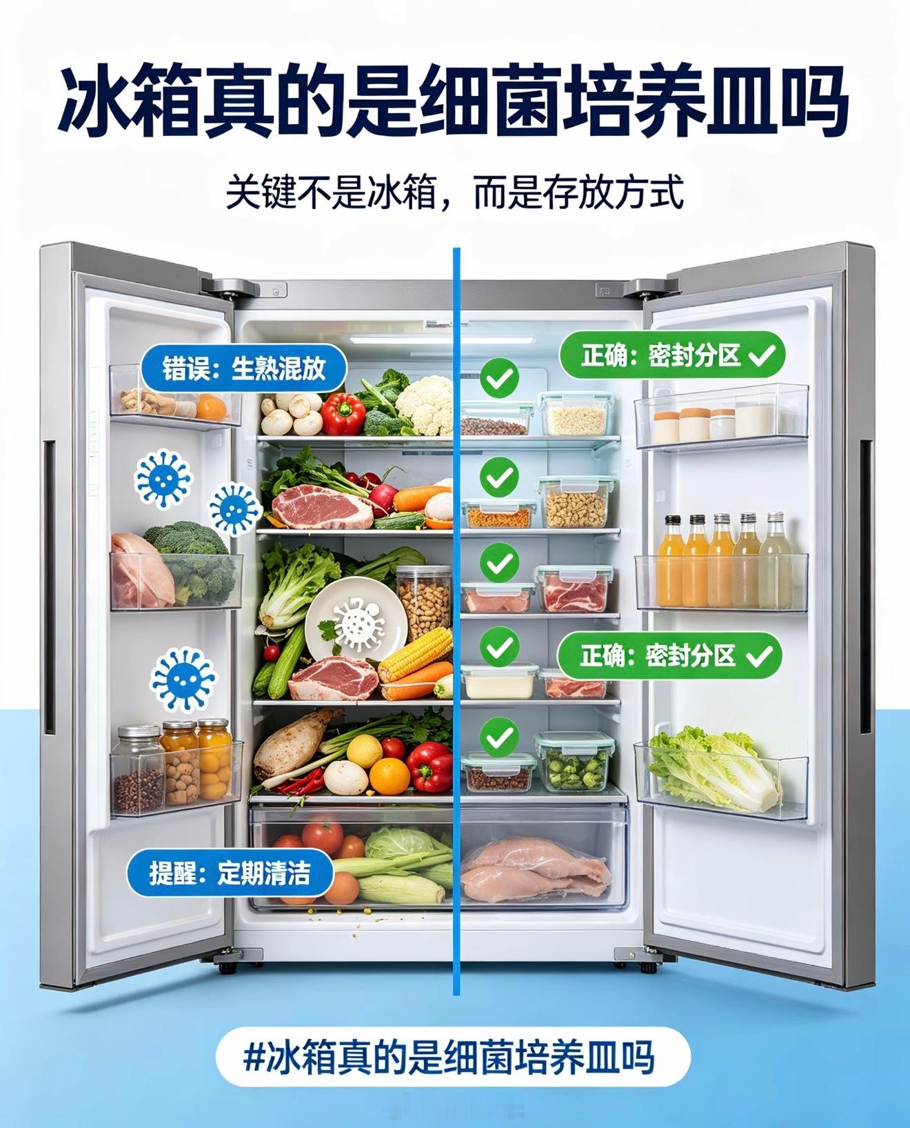 冰箱真的是细菌培养皿吗不少人把冰箱当成食物保险箱，剩菜、生鲜、果蔬随便往里堆放，