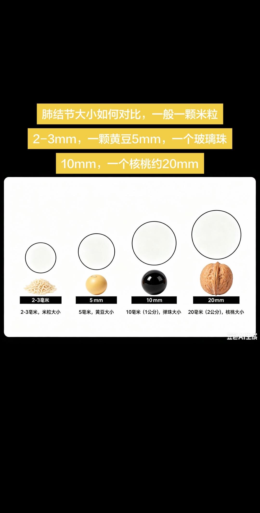 肺结节大小如何对比，一般一颗米粒2-3mm，一颗黄豆5mm，一个玻璃珠...