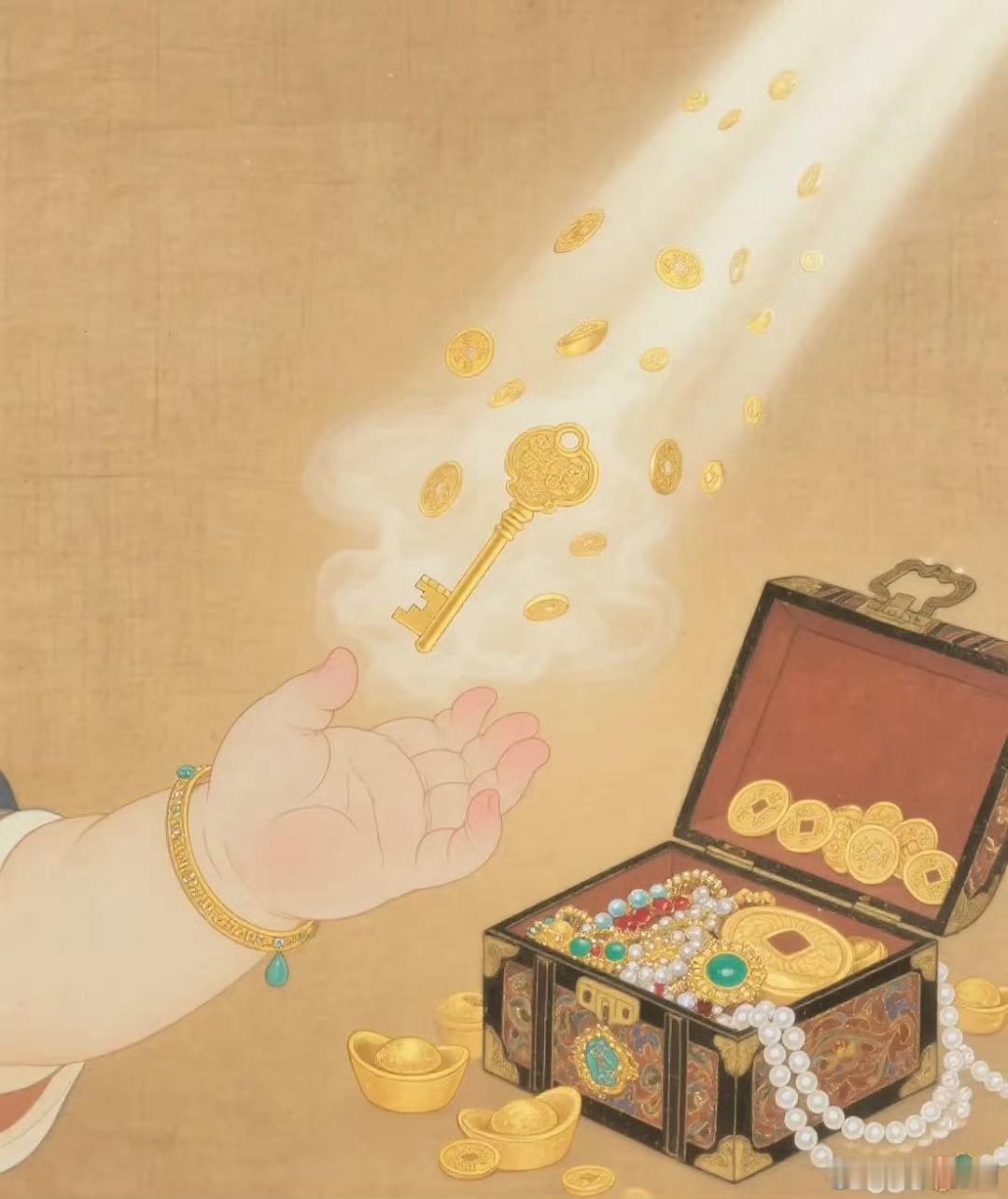 百宝箱里面放着各种珠宝首饰。点赞领钥匙，开箱领金子了。 