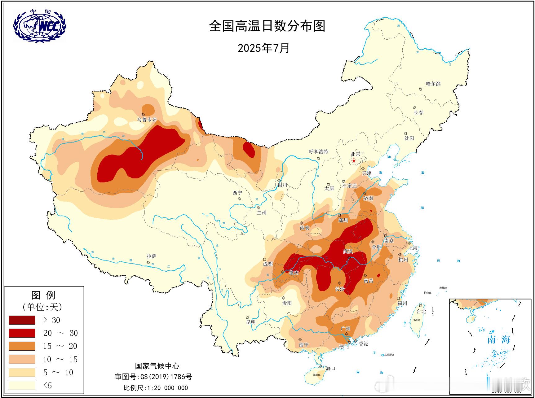 【7月高温特别多】今年7月，新疆以及华中等地高温日数显著偏多，全国有302个气象