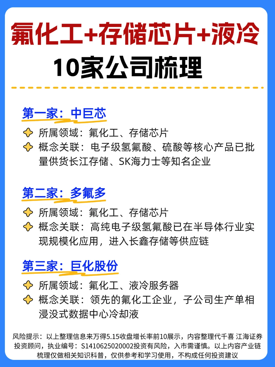 ☀️氟化工+存储芯片+液冷10家公司梳理