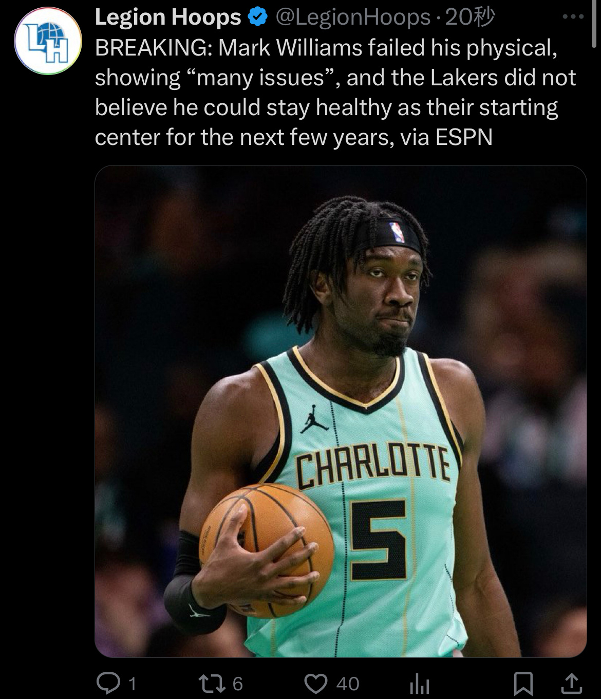 ESPN 报道：马克·威廉姆斯体检不合格，出现“很多问题”，湖人队不相信他能在未