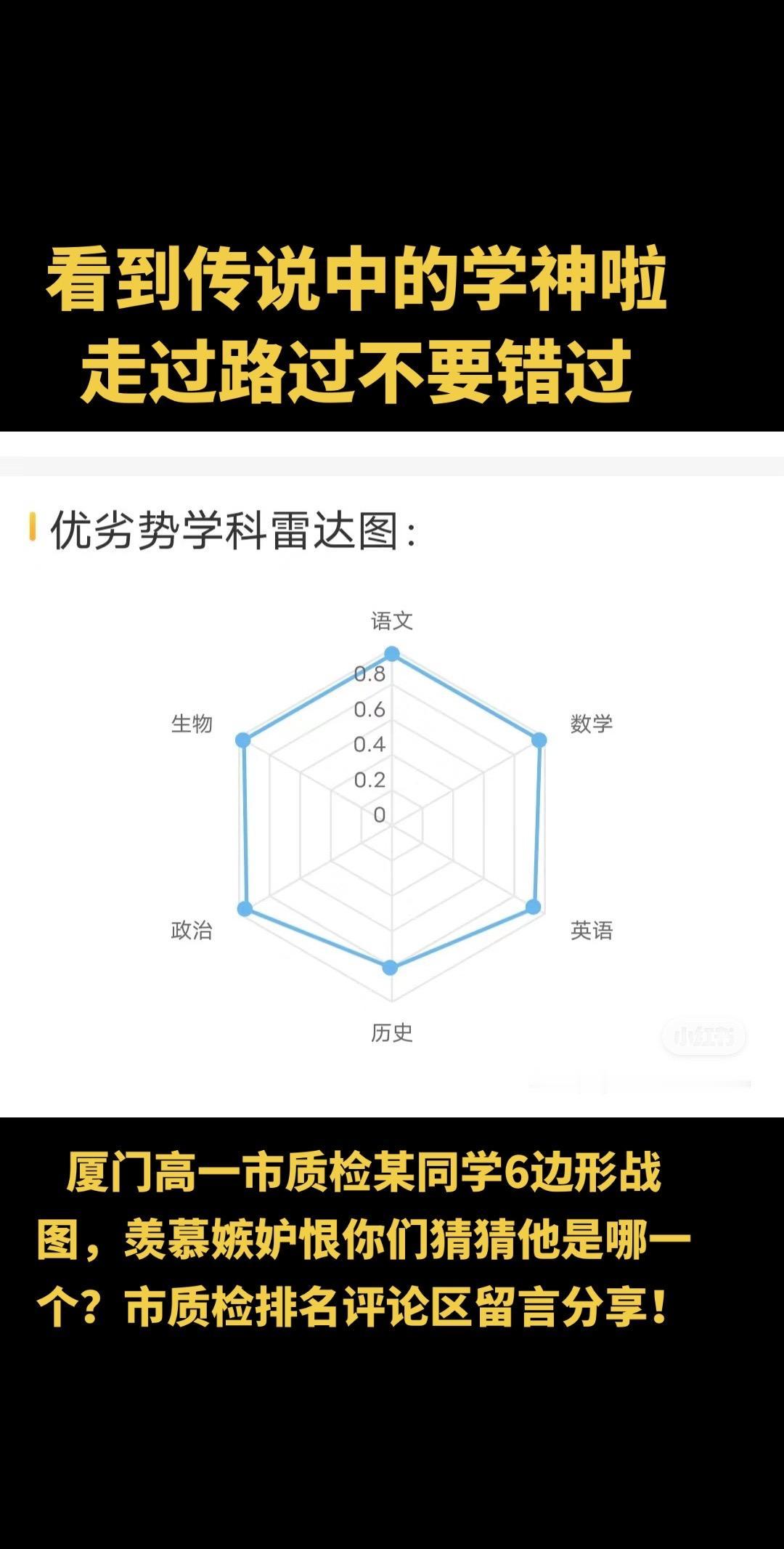 看看厦门高一市质检超级学霸来啦，看到传说中的学神啦！走过路过不要错过，猜猜他有几