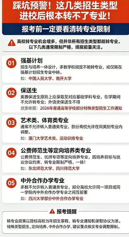 这几类招生类型进校后根本转不了专业