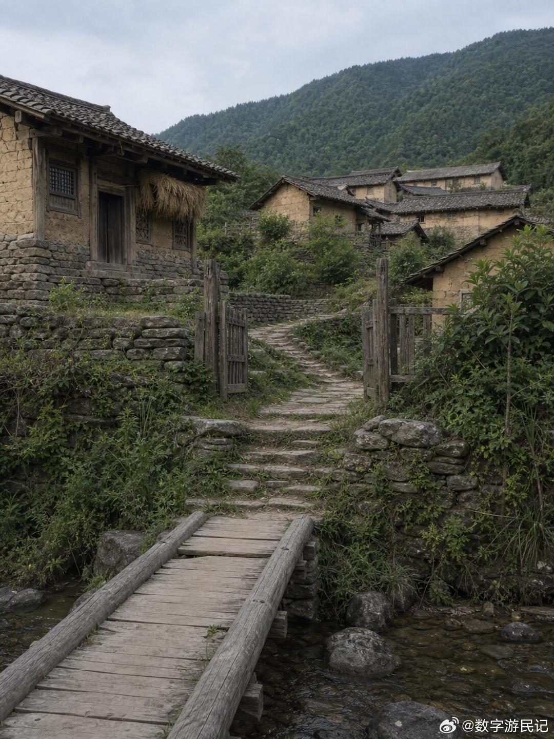 清末陇南山村，风从白龙江支谷来'从山脚下经过。三根旧木搭成小桥，桥那头，是一条往