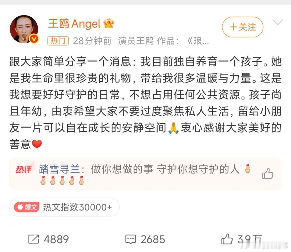 王鸥 我目前独自养育一个孩子这两天刷抖音，莫名刷到了关于王鸥的介绍，说有个孩子，