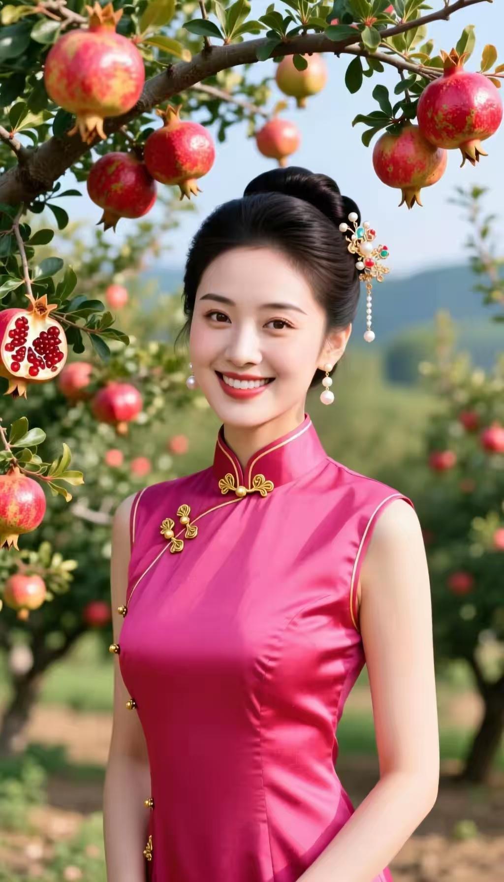 山坡羊·榴园笑靥
榴枝垂艳，
丹裙光炫，
榴红似火秋光现。
靥如妍，鬓珠悬。
罗