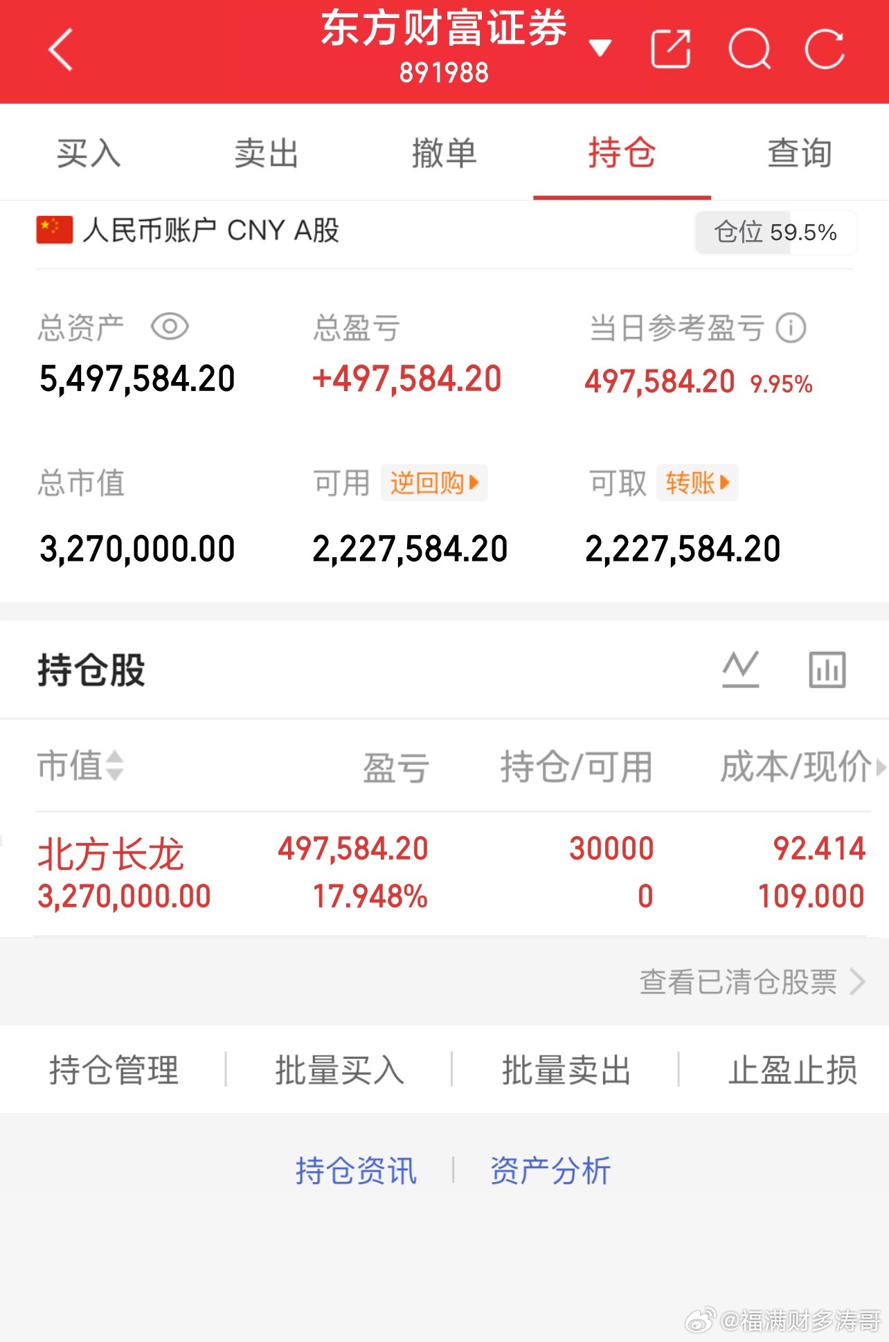 本金500万，目标1500万，看到年底能不能实现。今天早上已上车北方长龙3013
