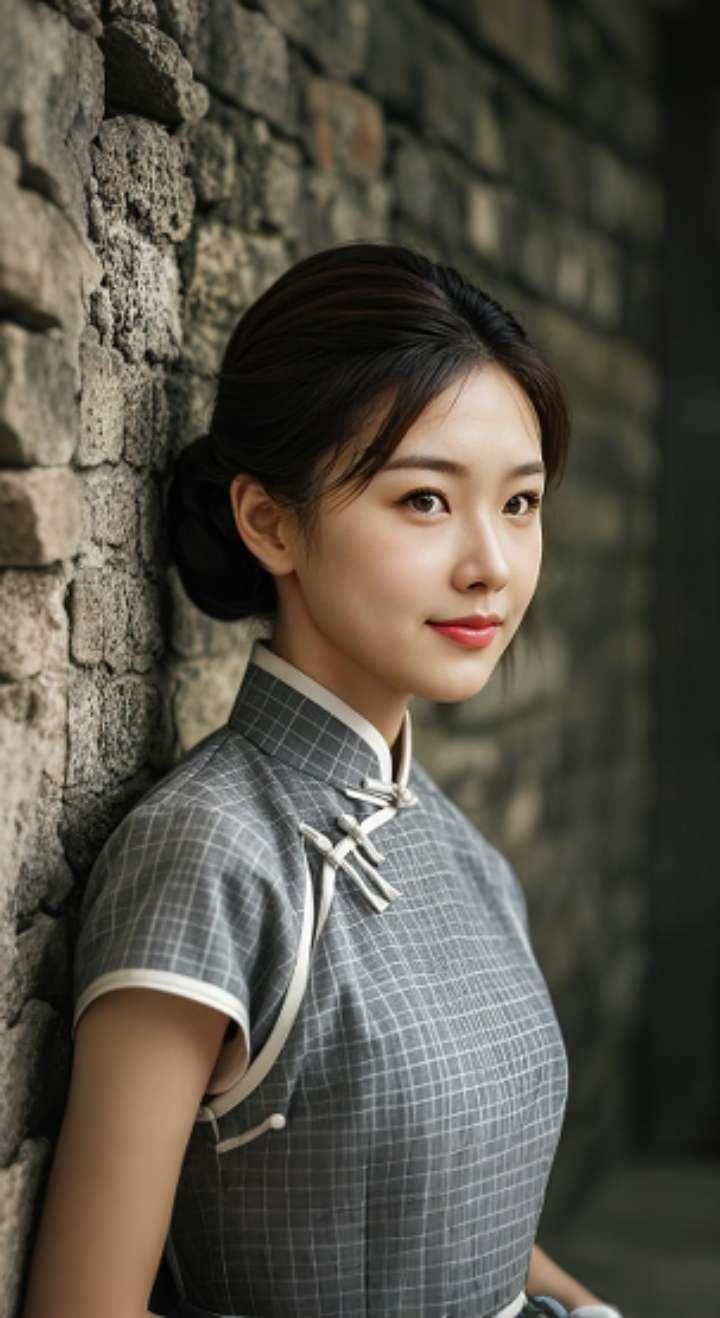 AI扩图 AI灰格旗袍韵