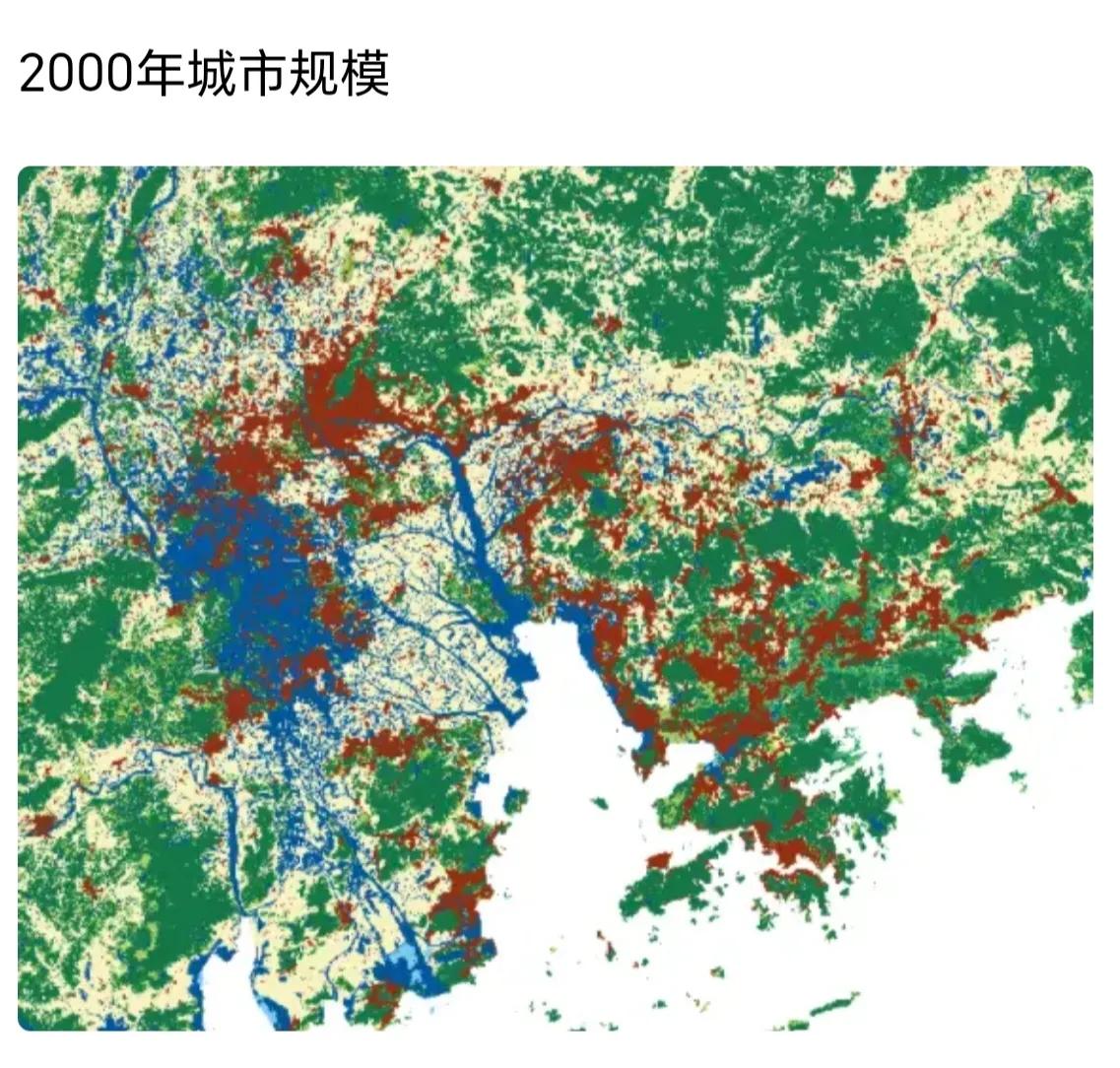 2000年和2020年珠三角城市建成区面积变化对比图。内弯六城市的建成区几乎连成
