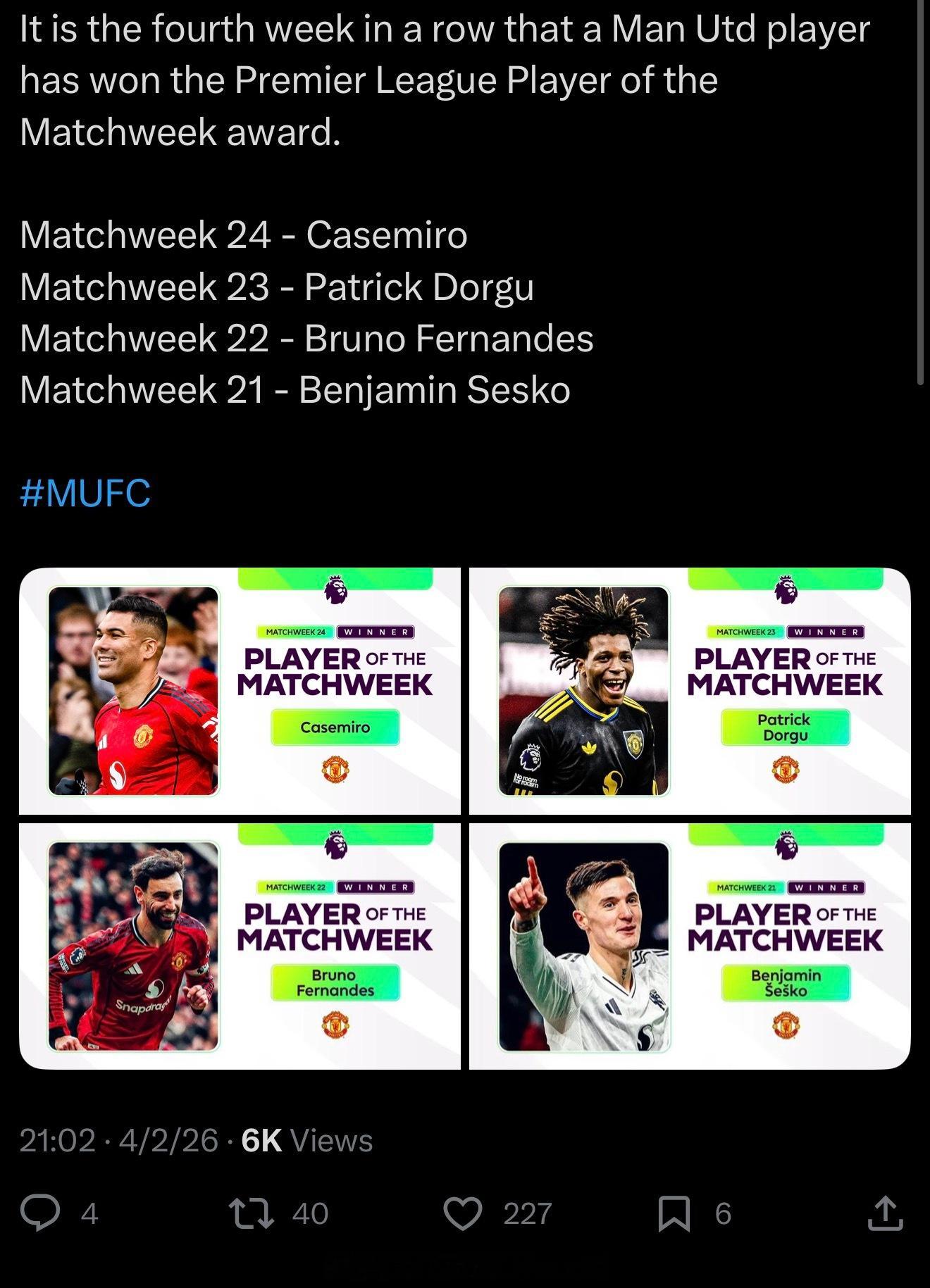 恭喜卡塞米罗拿下本轮英超最佳球员至此，曼联连续四周英超最佳球员了谢什科，费尔南德