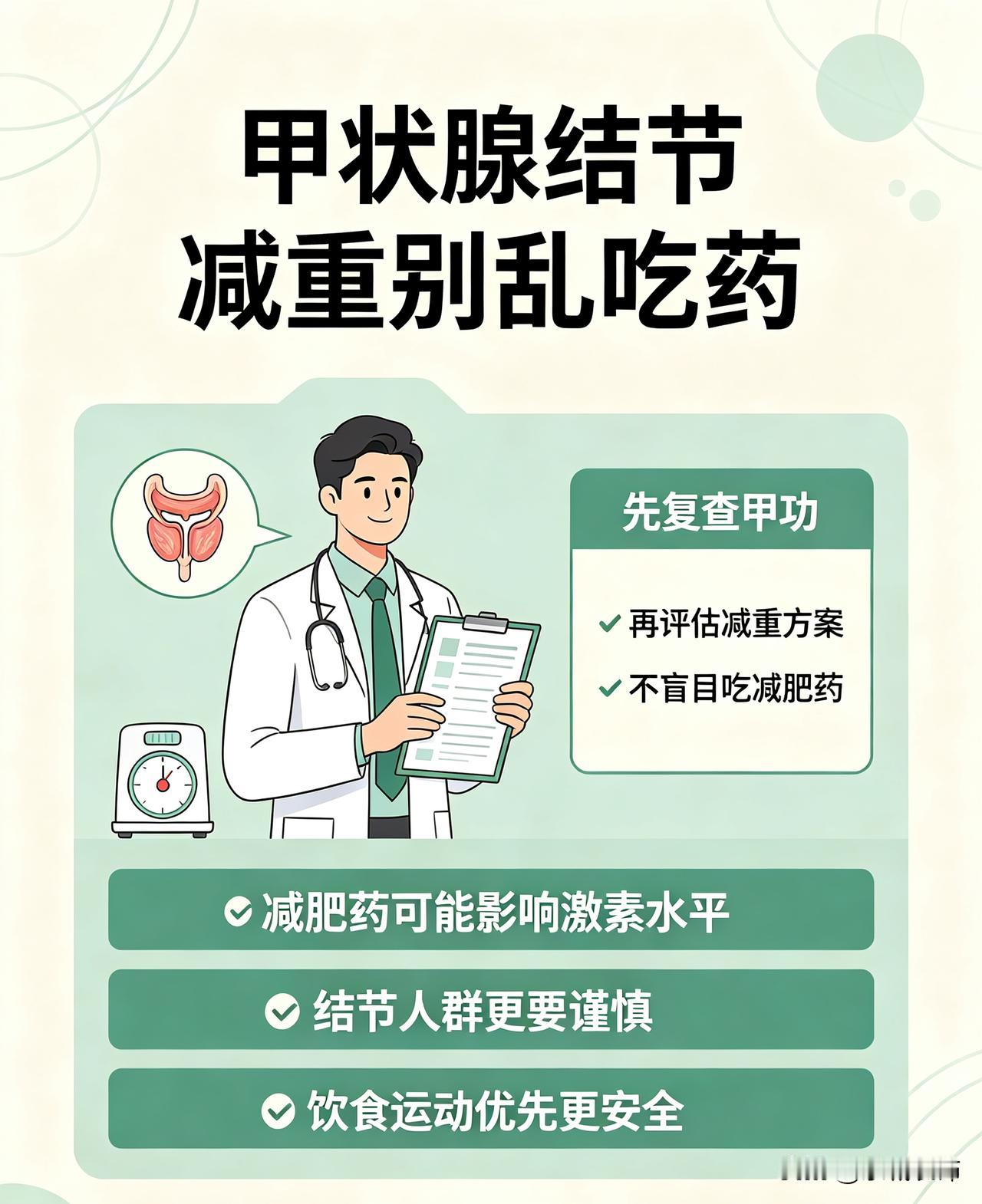 患有甲状腺结节，不建议随意服用减肥产品。
多数减肥药含有激素、抑制代谢成分，容易