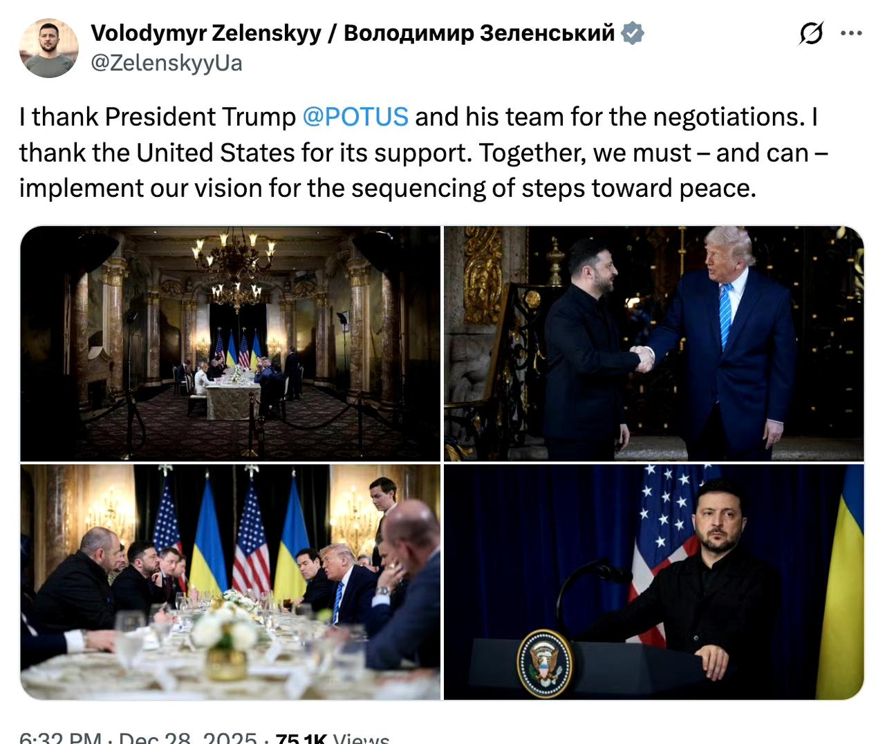 泽连斯基再次发帖谢川普和美国：

“我感谢川普总统及其团队为此次谈判所付出的努力