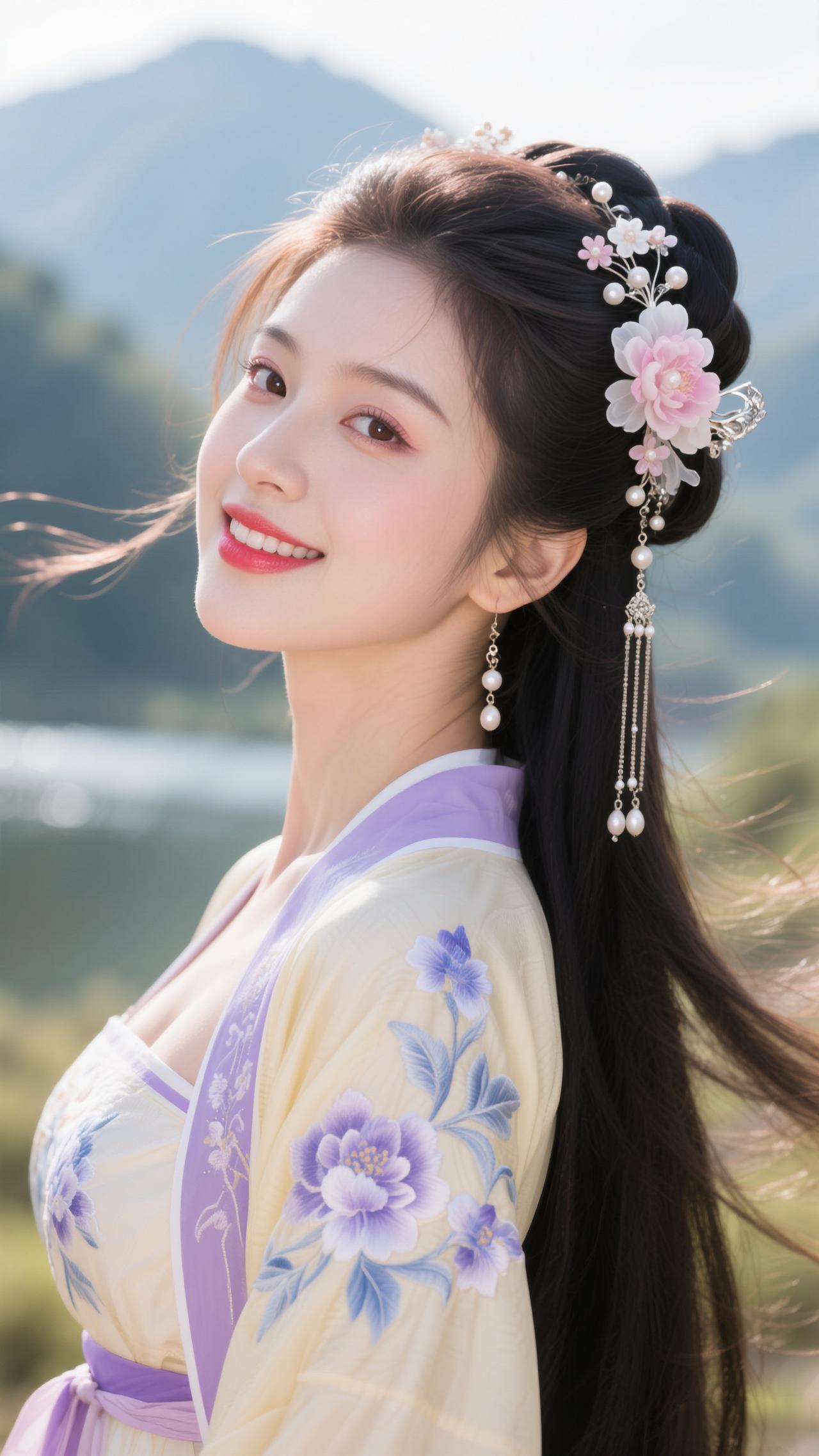 《踏莎行·江堤紫黄妆》
 
黄袂凝香，紫绦萦袂，鬓边粉芍添娇媚。
江风漫卷青丝柔