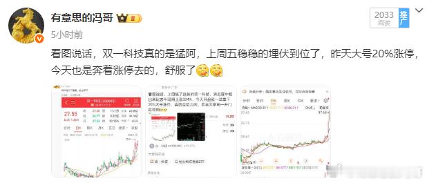 看图说话，今天的收获又是可以用四个字大获全胜来概括，今天拿捏了双一科技继续新高、