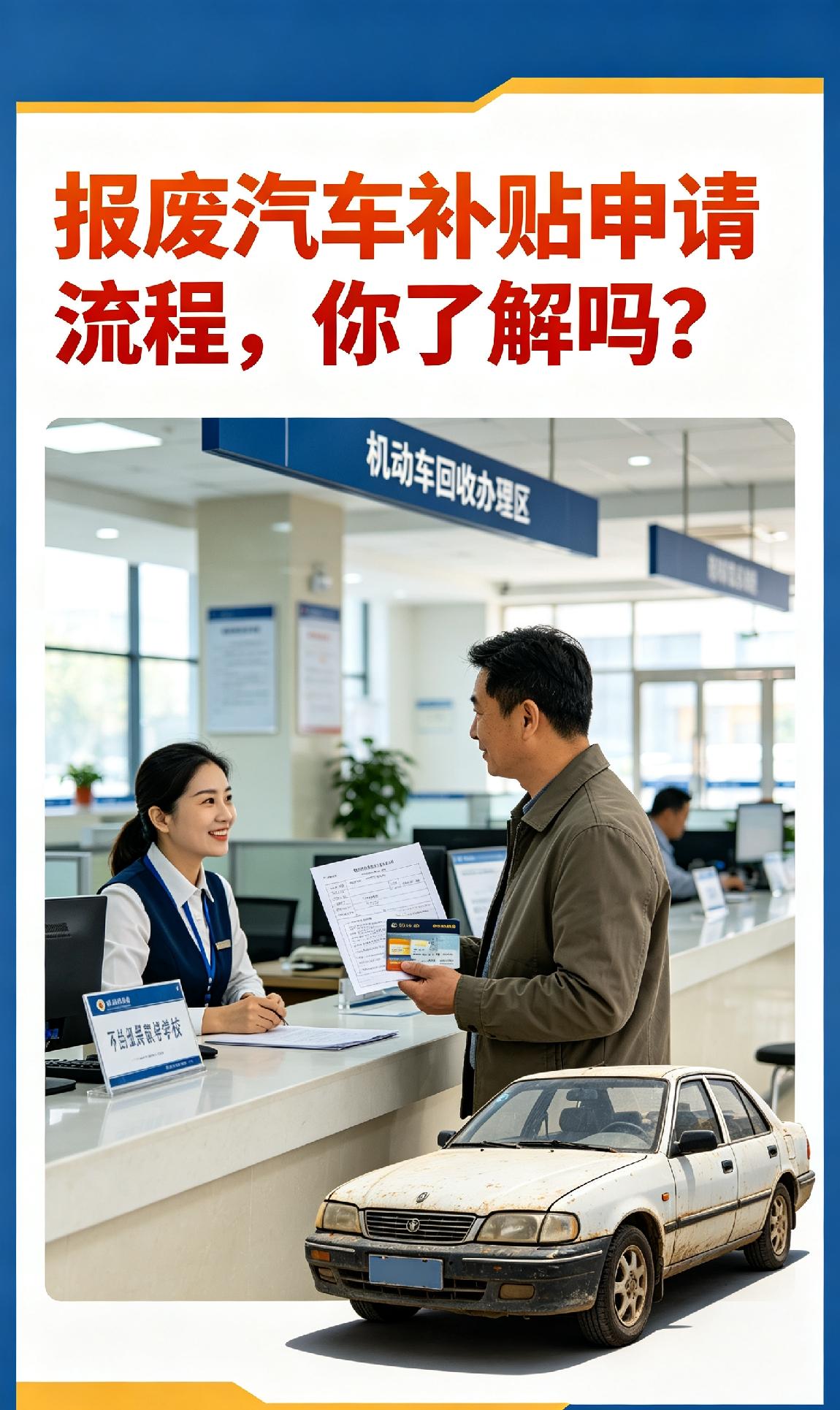 报废汽车补贴申请流程,你了解吗?）完整流程
 
1. 交车报废：把车交给有资质的