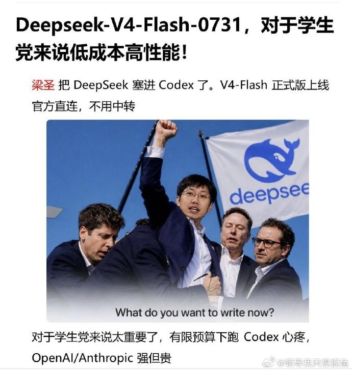 Codex直连DeepSeek堪称国模之王 V4 Flash这定价 梁文锋就是梁