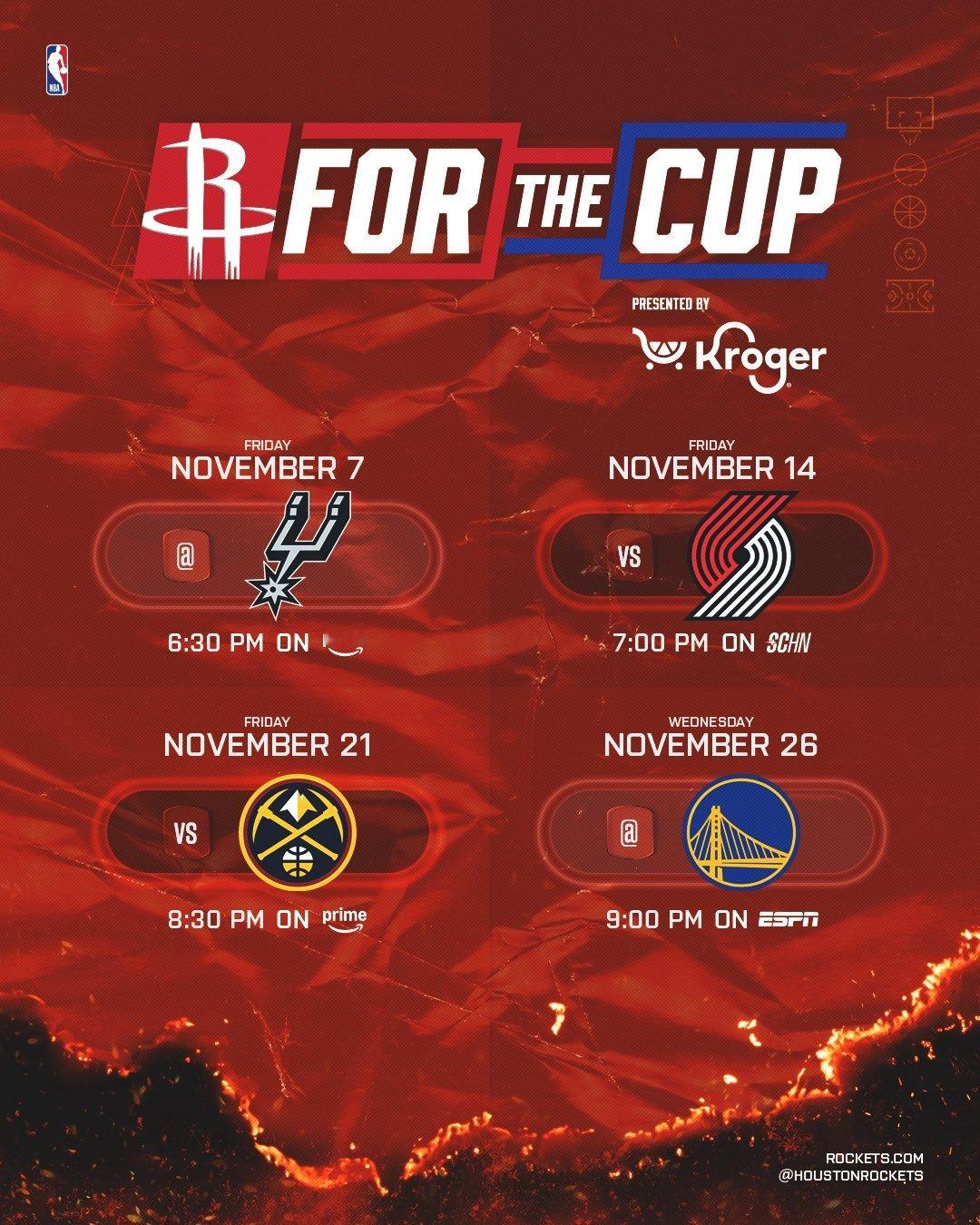25-26赛季NBA杯小组赛火箭队赛程（北京时间）：11月8日 8:30 客场v