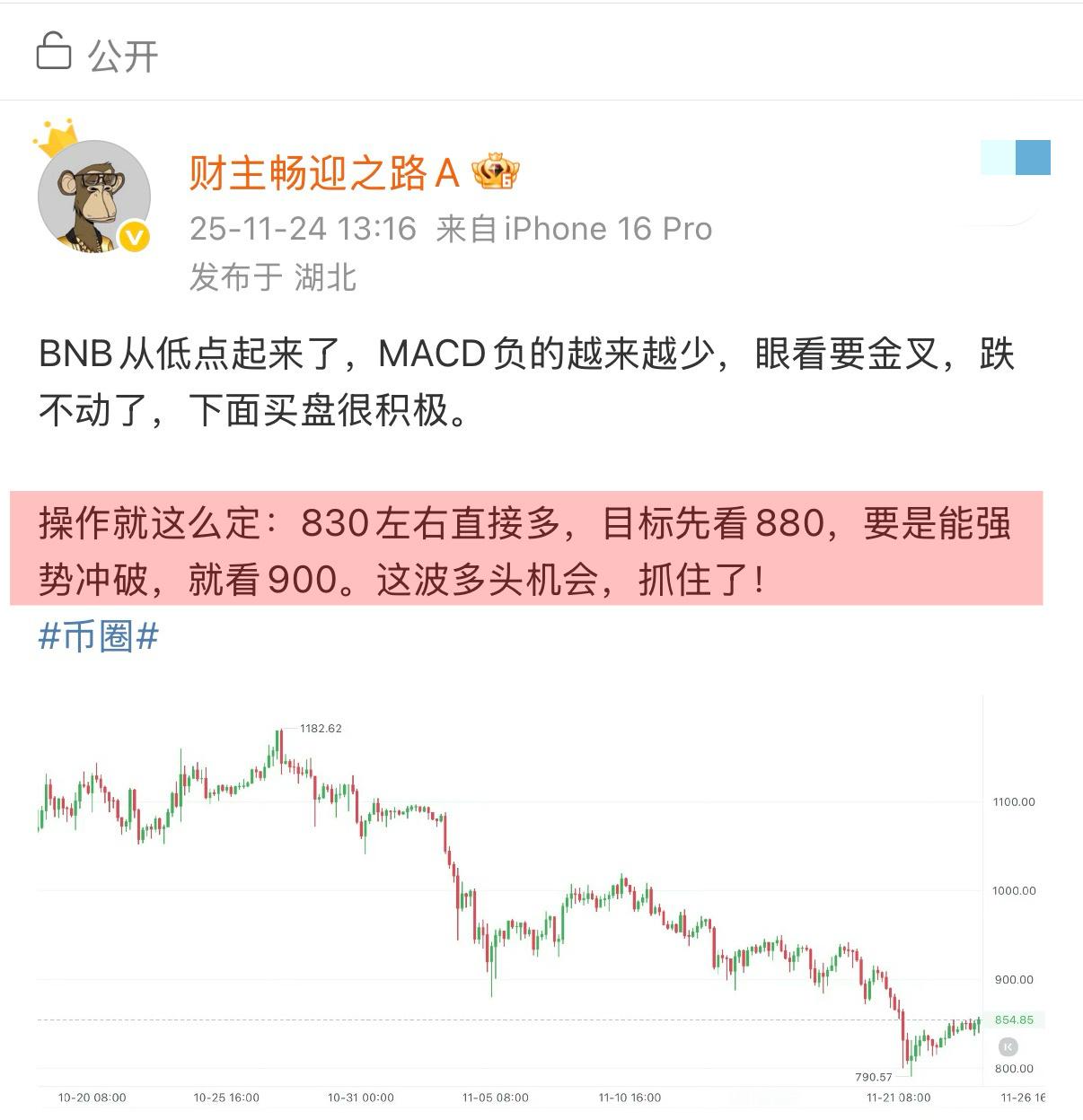 一直在验证，你要是总磨磨唧唧，就只能站旁边看着！BNB830多，拉到877，这4