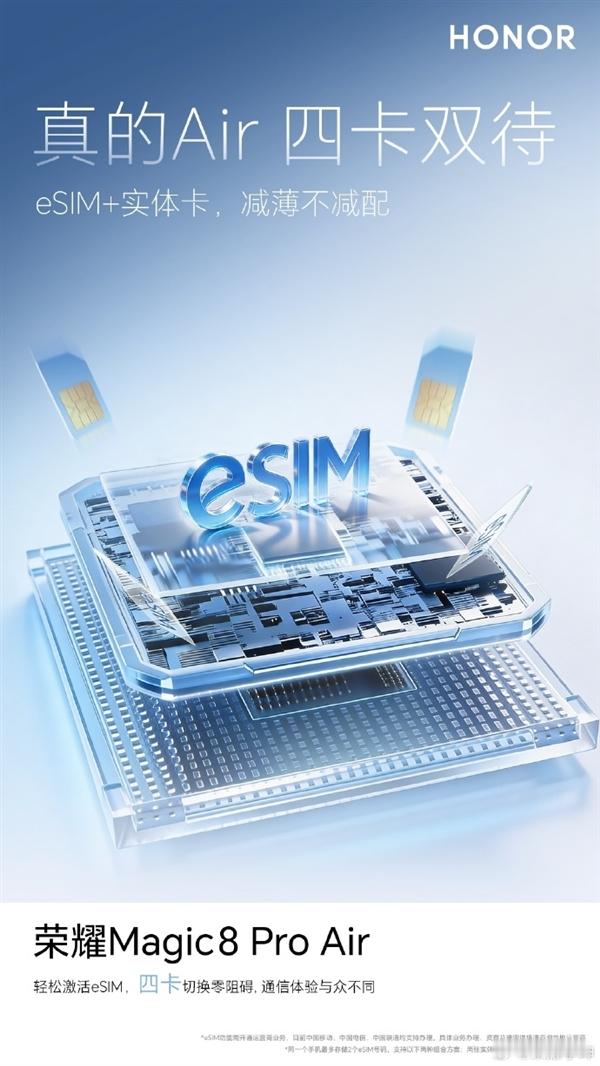 荣耀Magic8 Pro Air减薄不减配 支持eSIM+实体SIM 四卡双待 