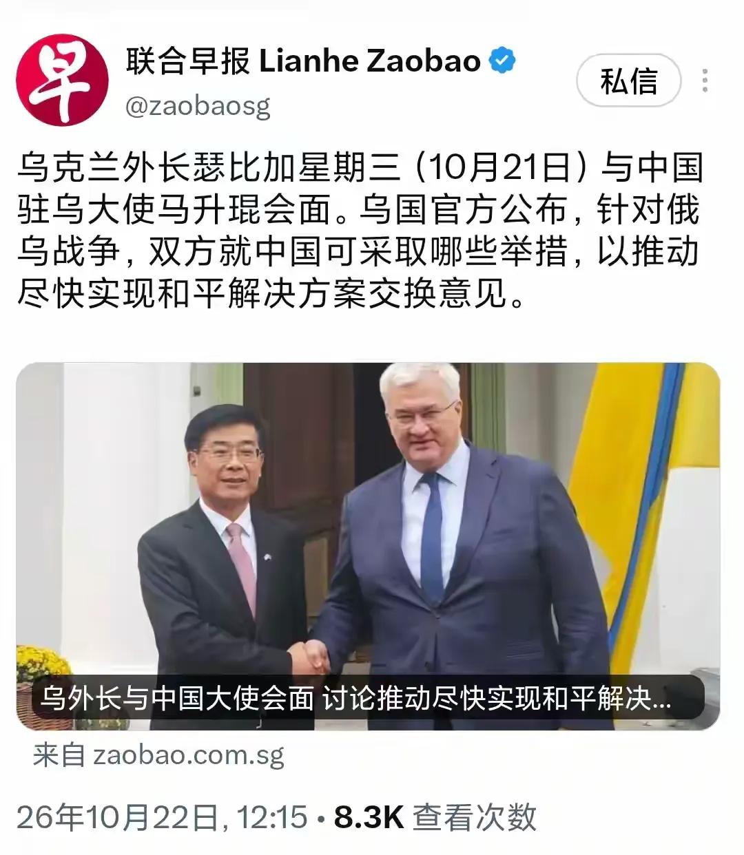 新加坡联合早报今天（10月22日）报道：“乌克兰外长瑟比加星期三（10月21日）