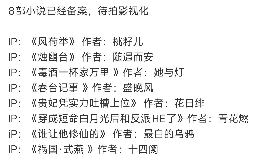 8部小说已经备案待拍影视化8部小说已经备案待拍 居然有8部了 