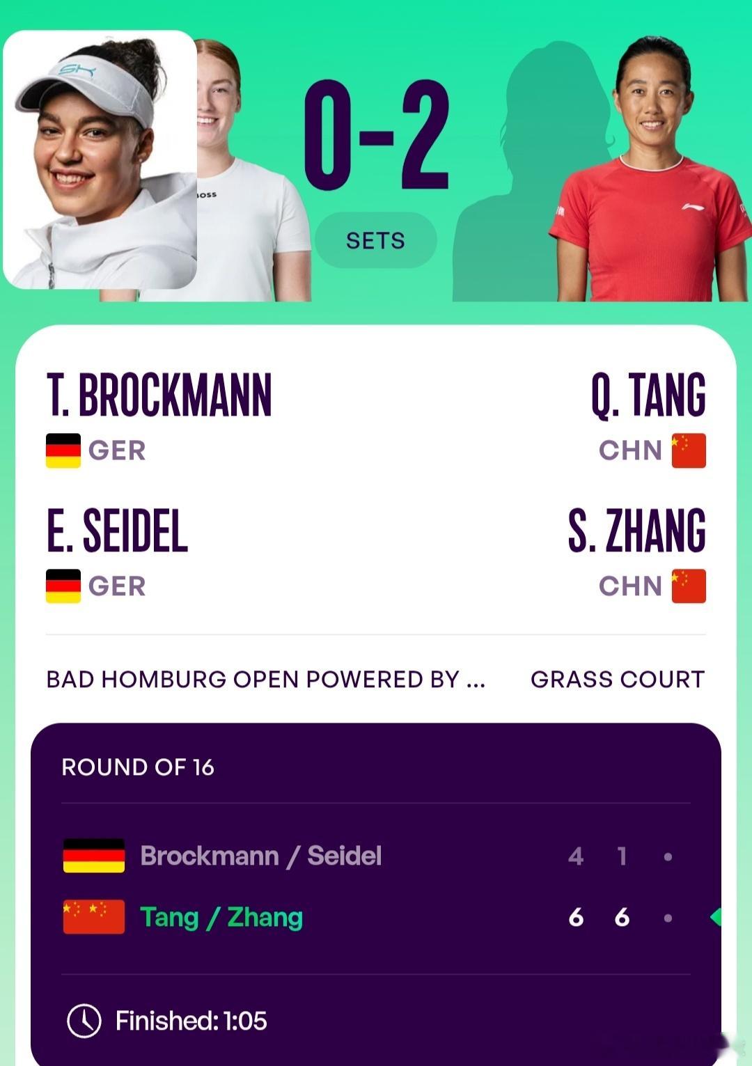 WTA500巴特洪堡站🇩🇪女双首轮张帅🇨🇳/汤千慧🇨🇳6-4/6-1