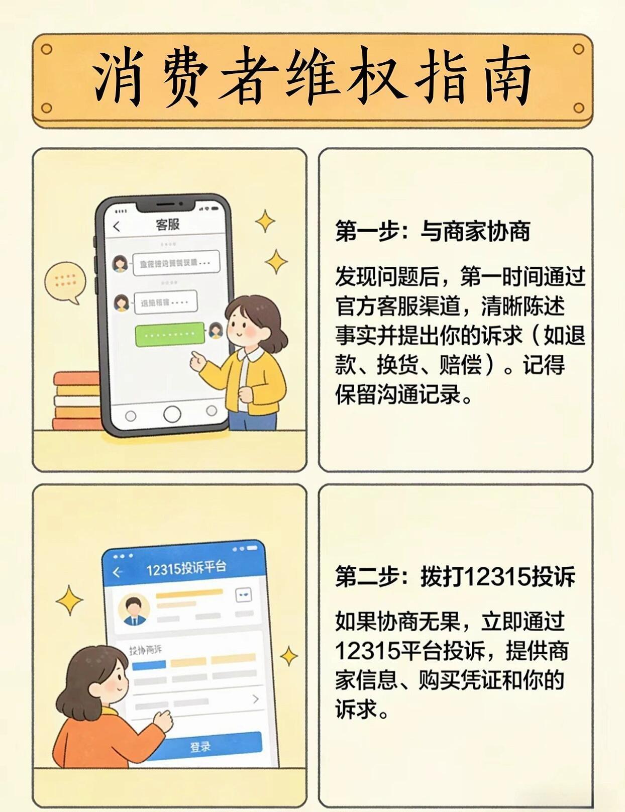 消费者维权五步法。我们或许都有过“踩坑”的瞬间：直播间冲动下单的鸡肋、莫名扣费的
