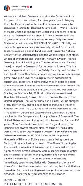 这次的冲动又是什么了，彻底放弃联盟了吗？

美国总统在社交媒体发布称：

自20