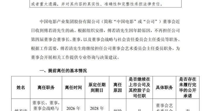 “中国电影”董事长傅若清离职，曾参与出品多部大片
