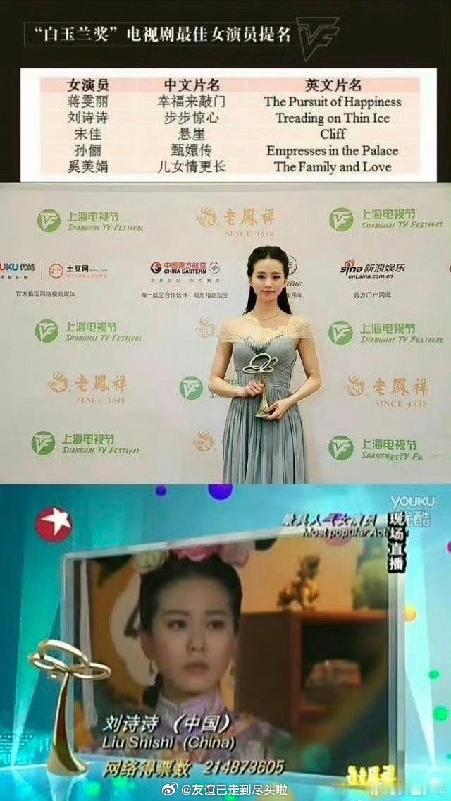 刘诗诗也不舒服了 从奖项方面来看，《步步惊心》后便少有三大奖提名，《流金岁月》也
