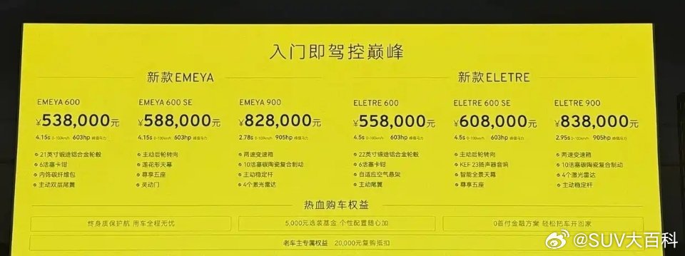 莲花eletre 新款上市，全系3款车型，售价区间55.8-83.8万元年度改款