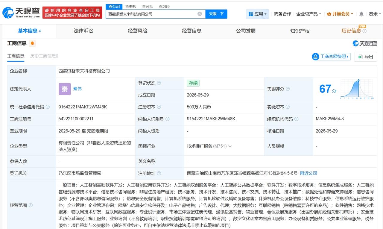 科大讯飞在西藏成立新公司 注册资本500万

天眼查App显示，近日，西藏讯智未