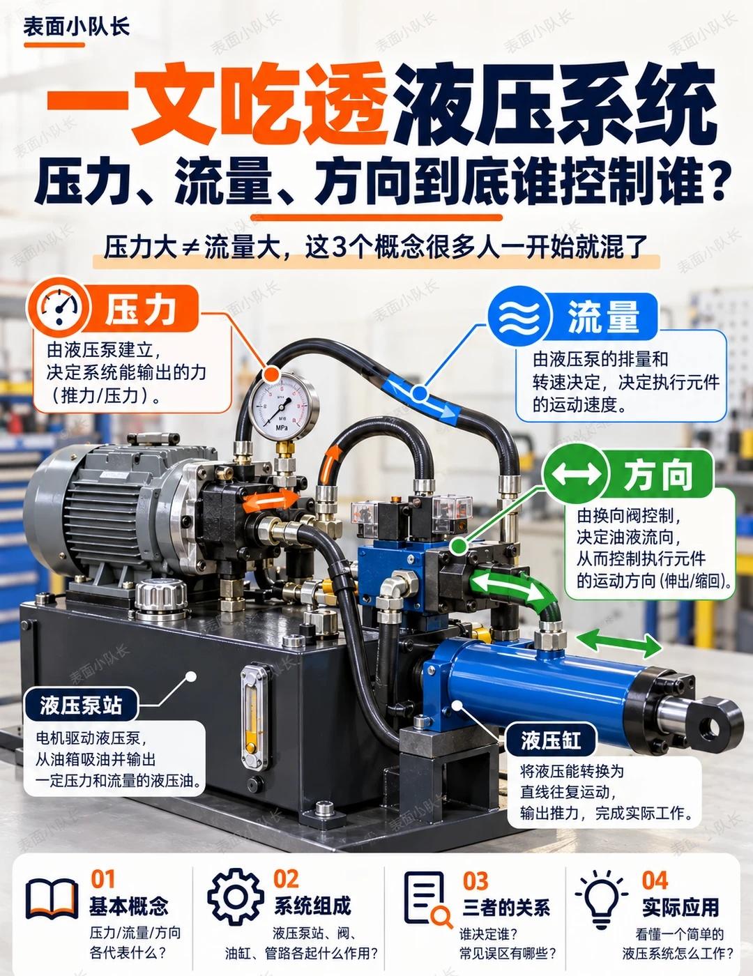 一文吃透液压系统，压力、流量、方向到底谁控
一文吃透液压系统：压力、流量、方向到