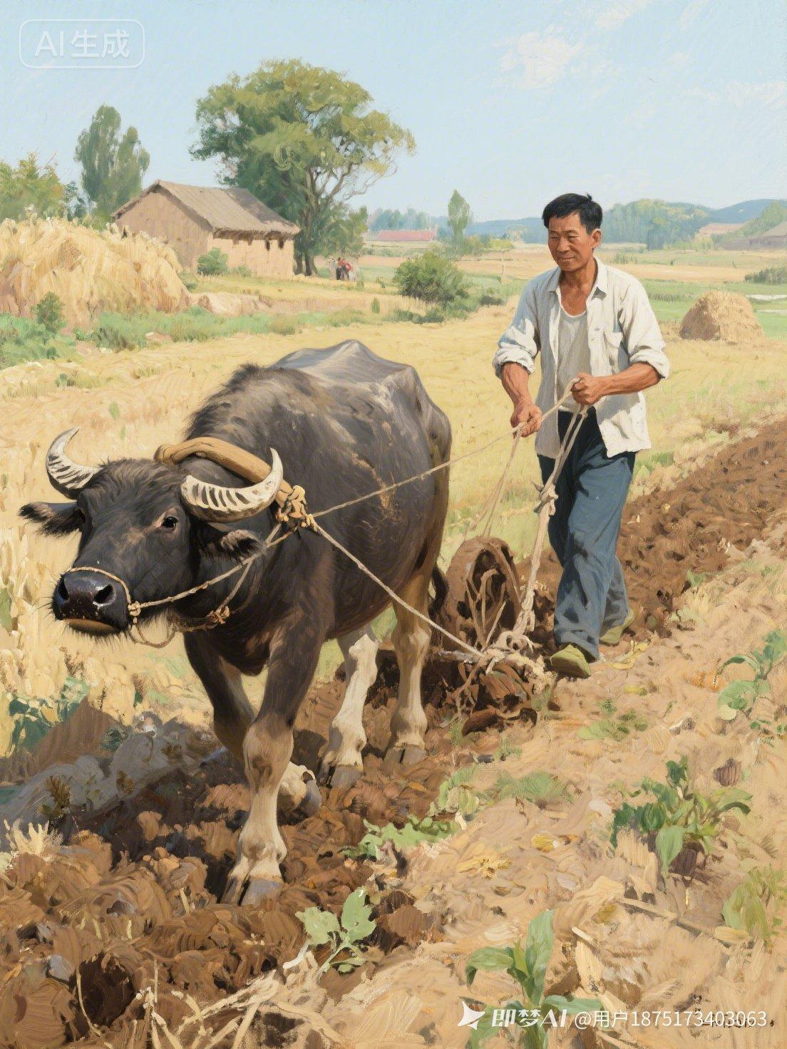 “田间劳作，牛犁地，乡村的宁静与美好”🌾🐄🌿